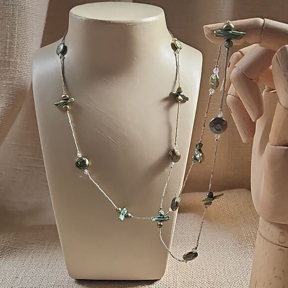Long 40" Liquid Silver, Crystal and Pearlized Shell Necklace - Iridescent Green - Picture 2 of 8